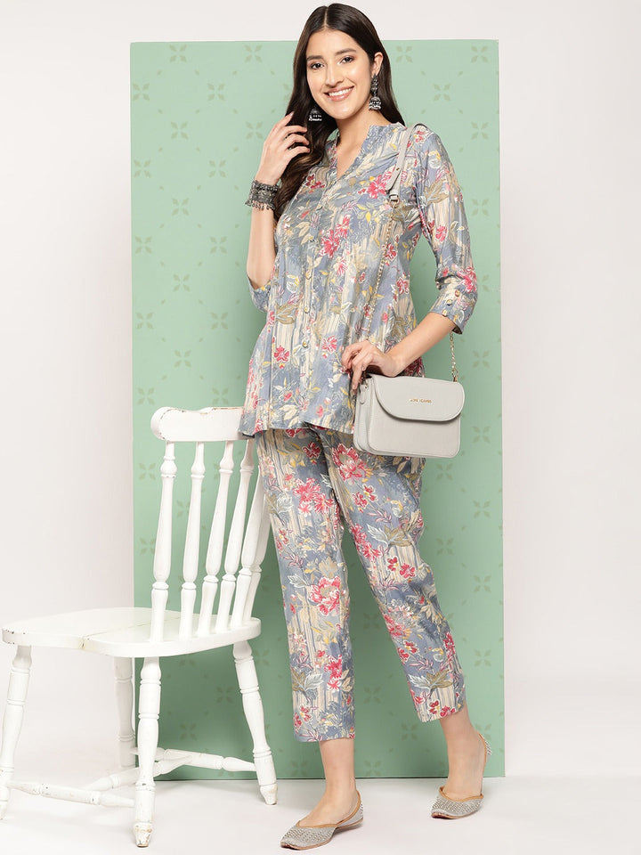 Women Grey Printed Mandarin Top with Trousers