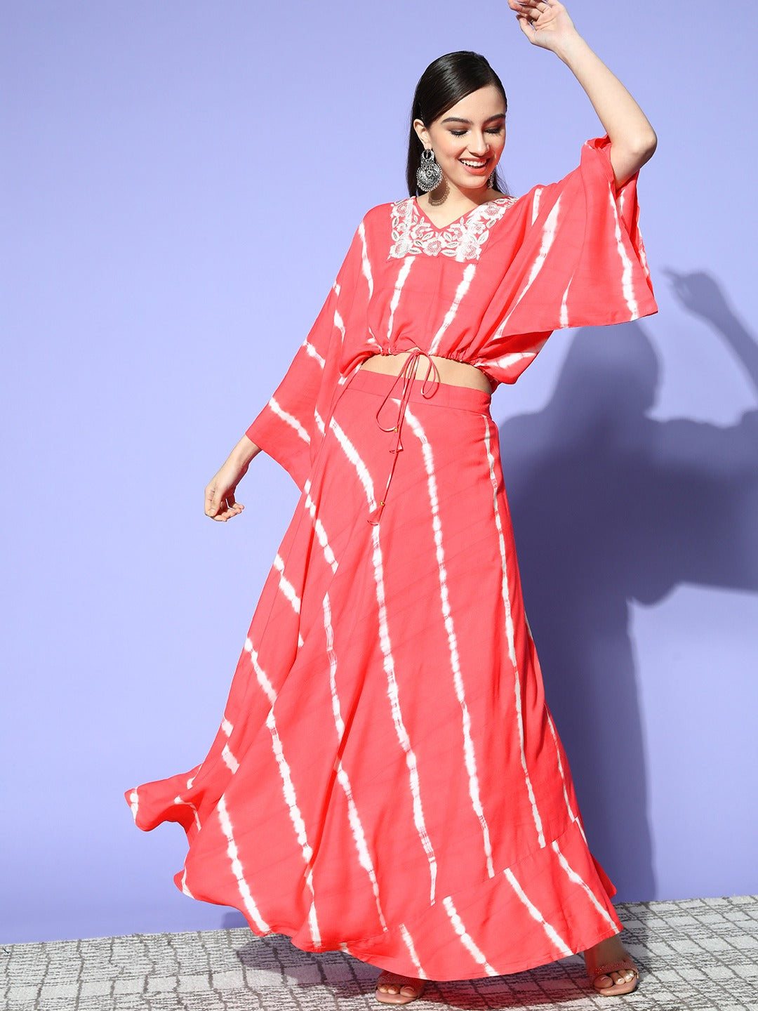 Women Lehriya Print Top With Skirt-Yufta Store-8124CRDPKS