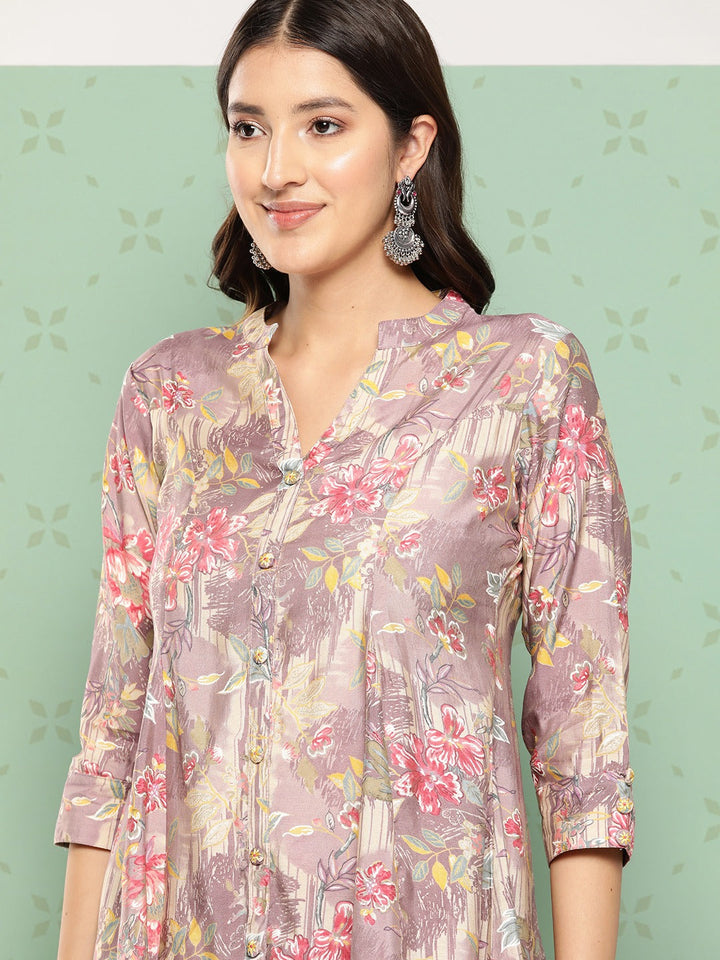 Women Mauve Printed Mandarin Top with Trousers-Yufta Store-1589CRDPRS