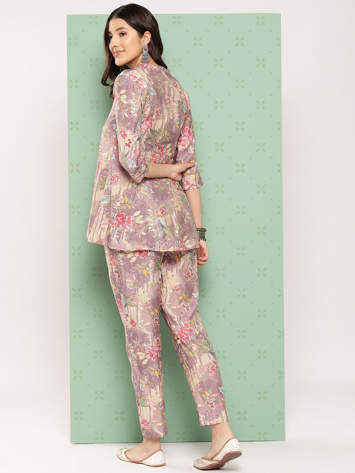 Women Mauve Printed Mandarin Top with Trousers