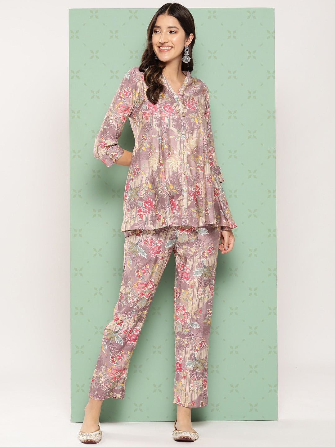 Women Mauve Printed Mandarin Top with Trousers-Yufta Store-1589CRDPRS