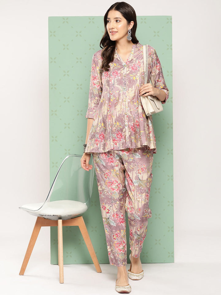 Women Mauve Printed Mandarin Top with Trousers-Yufta Store-1589CRDPRS