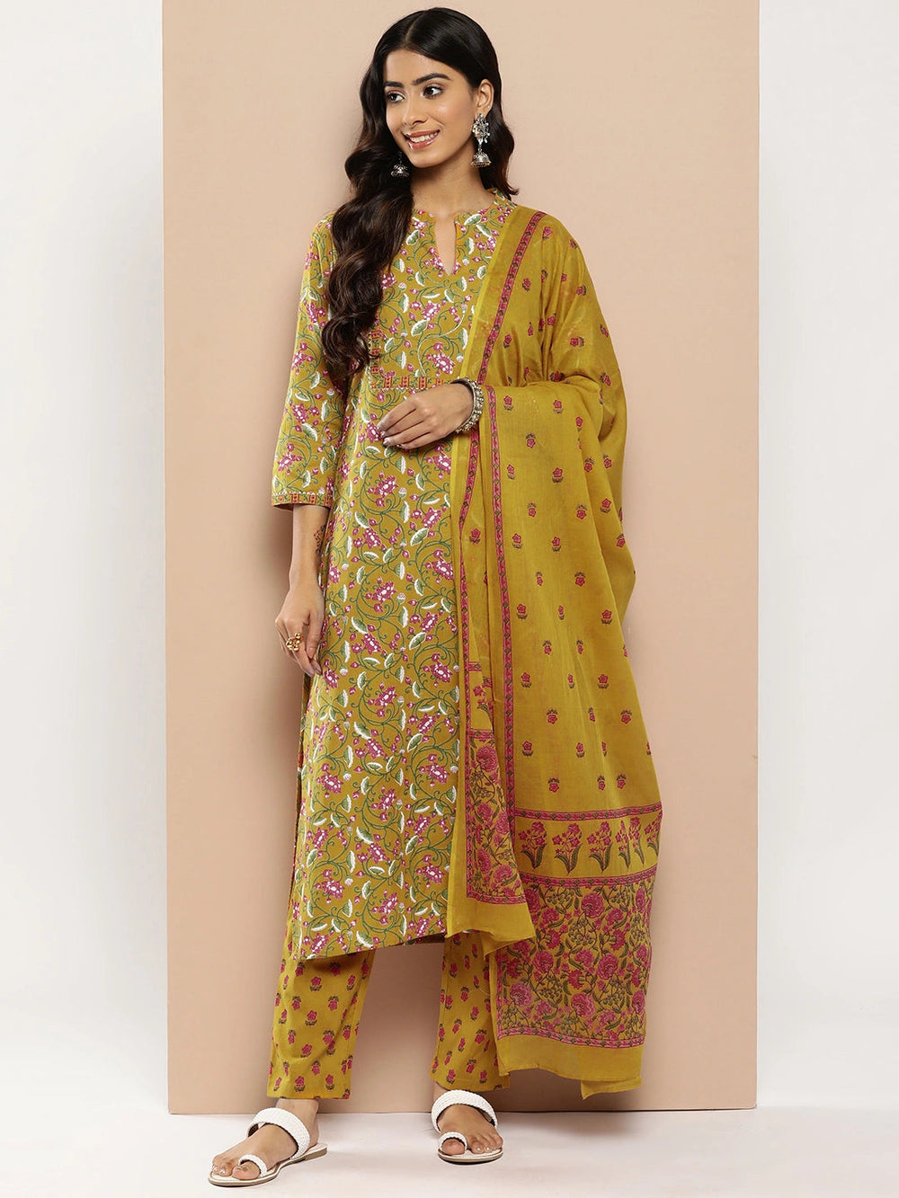 Women Mustard Yellow Floral Yoke Design Regular Sequinned Pure Cotton Kurta with Trousers & Dupatta-Yufta Store-1203SKDMSS