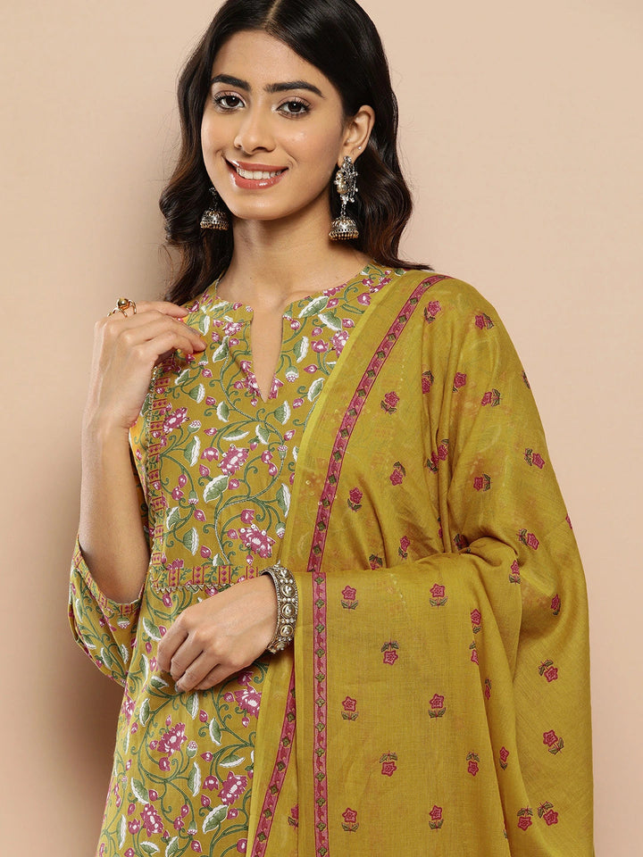 Women Mustard Yellow Floral Yoke Design Regular Sequinned Pure Cotton Kurta with Trousers & Dupatta-Yufta Store-1203SKDMSS