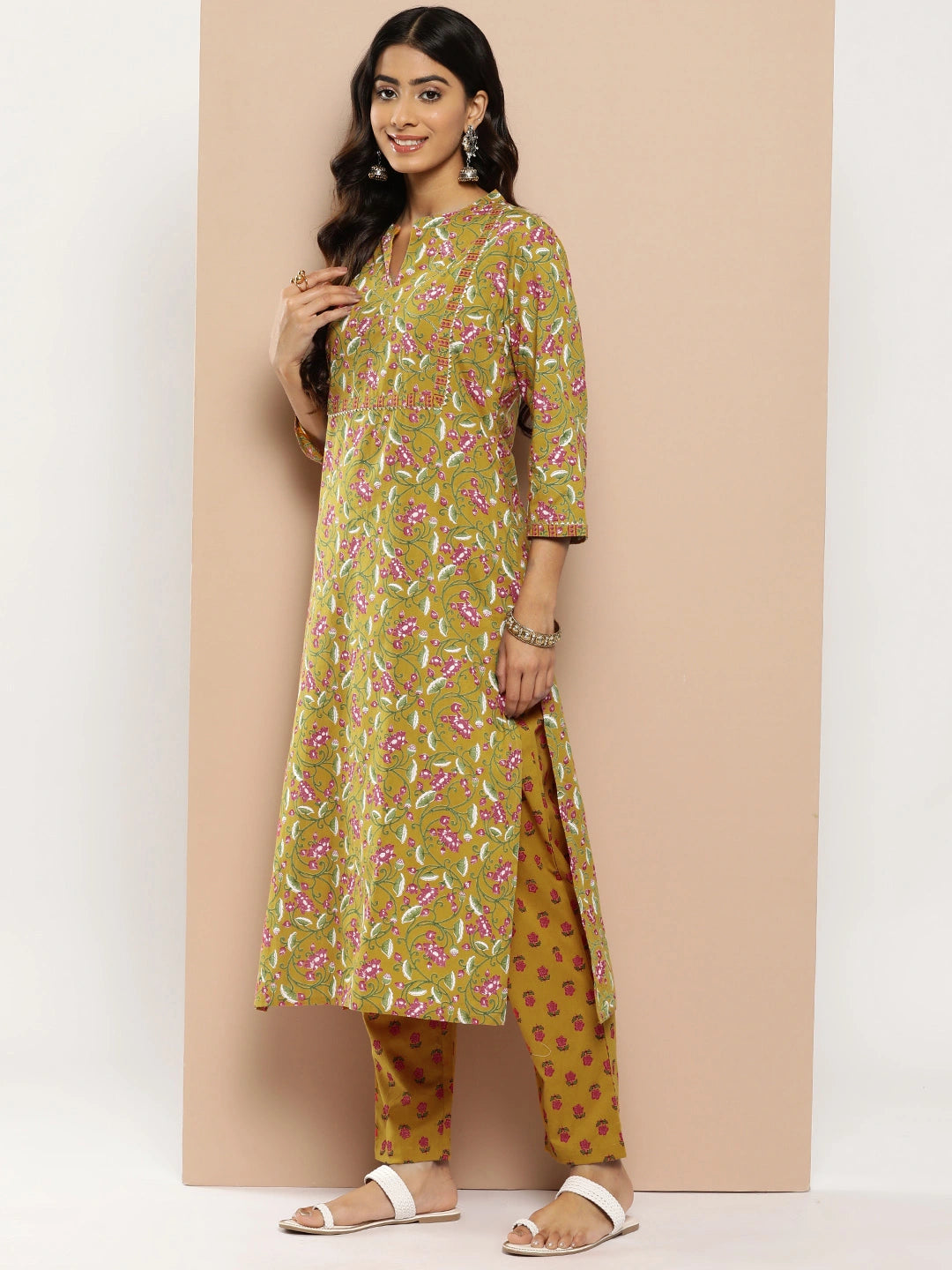 Women Mustard Yellow Floral Yoke Design Regular Sequinned Pure Cotton Kurta with Trousers & Dupatta-Yufta Store-1203SKDMSS