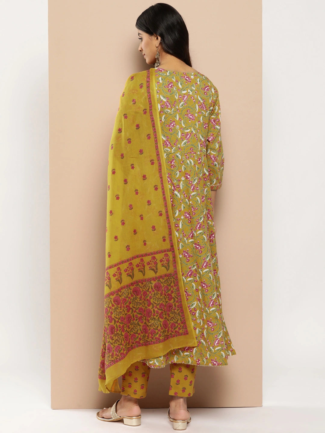 Women Mustard Yellow Floral Yoke Design Regular Sequinned Pure Cotton Kurta with Trousers & Dupatta-Yufta Store-1205SKDMSS