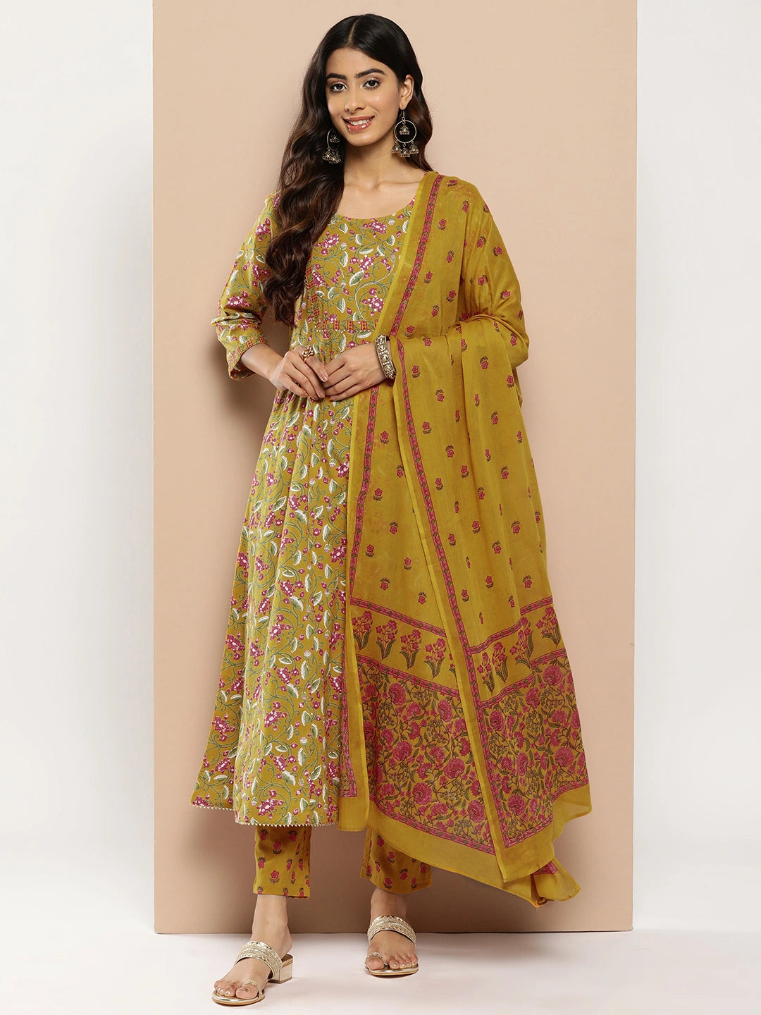 Women Mustard Yellow Floral Yoke Design Regular Sequinned Pure Cotton Kurta with Trousers & Dupatta-Yufta Store-1205SKDMSS