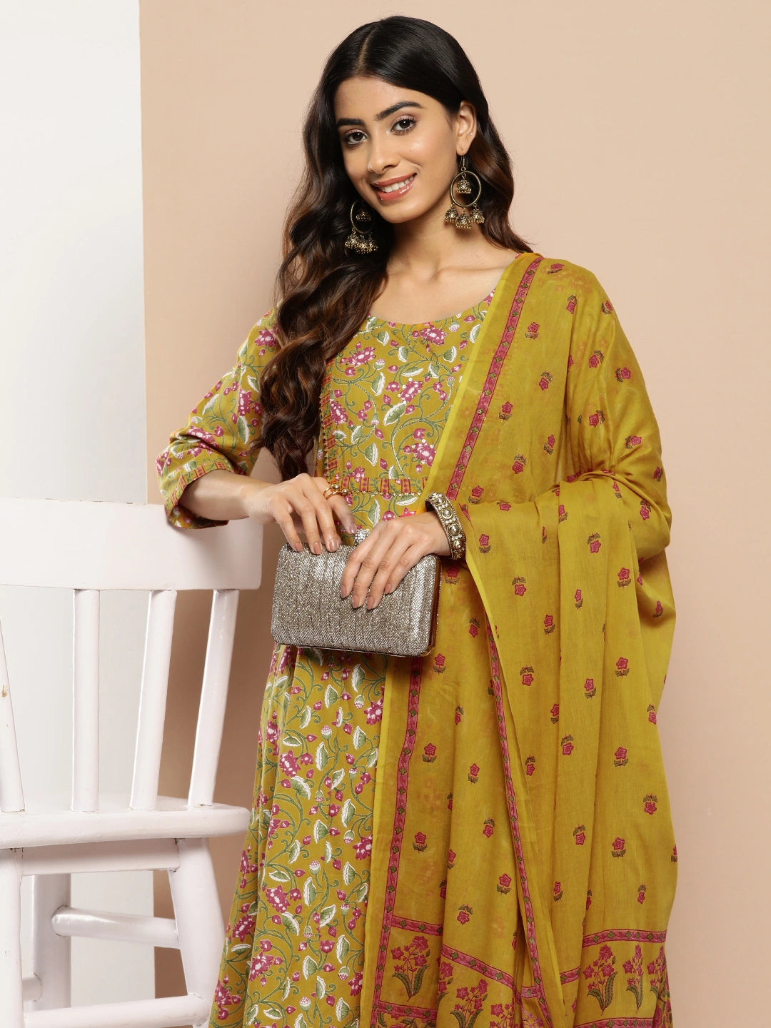 Women Mustard Yellow Floral Yoke Design Regular Sequinned Pure Cotton Kurta with Trousers & Dupatta-Yufta Store-1205SKDMSS