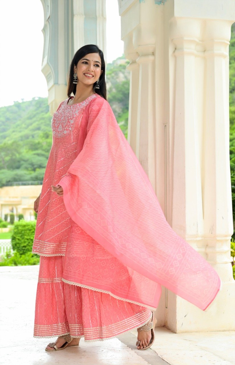 Women Pink block Print Peplum Kurta And Sharara With Dupatta Set-Yufta Store-2354SKDPKM