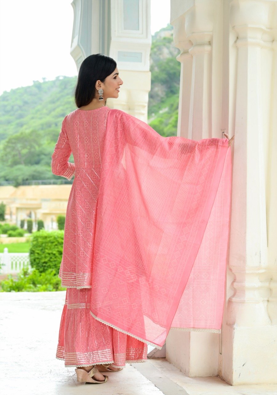 Women Pink block Print Peplum Kurta And Sharara With Dupatta Set-Yufta Store-2354SKDPKM