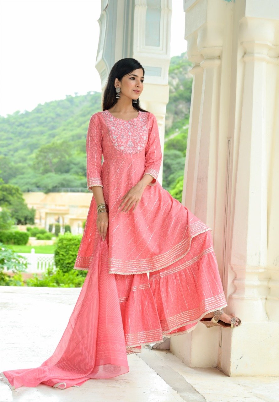 Women Pink block Print Peplum Kurta And Sharara With Dupatta Set-Yufta Store-2354SKDPKM