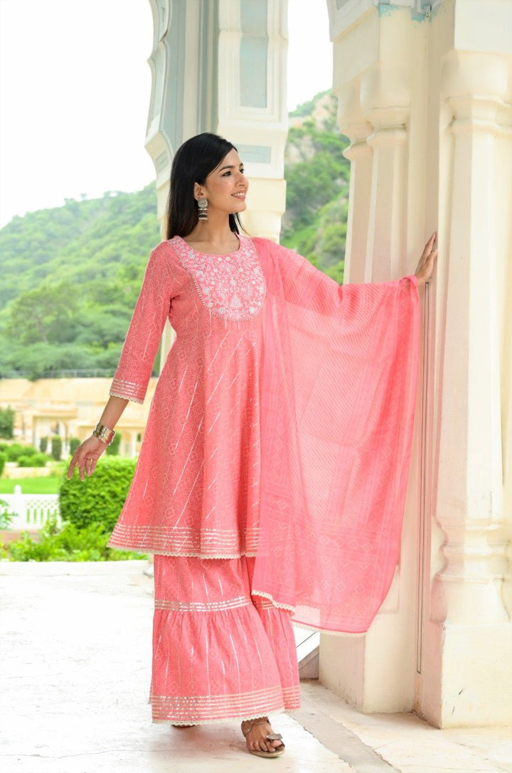 Women Pink block Print Peplum Kurta And Sharara With Dupatta Set-Yufta Store-2354SKDPKM