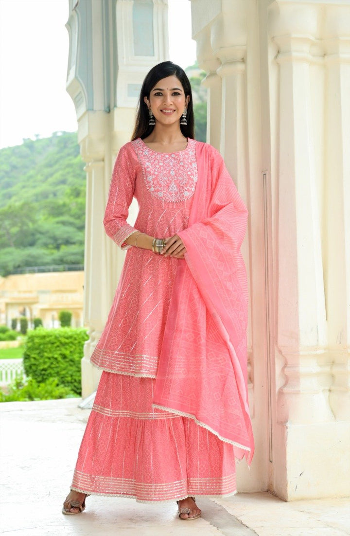 Women Pink block Print Peplum Kurta And Sharara With Dupatta Set-Yufta Store-2354SKDPKM