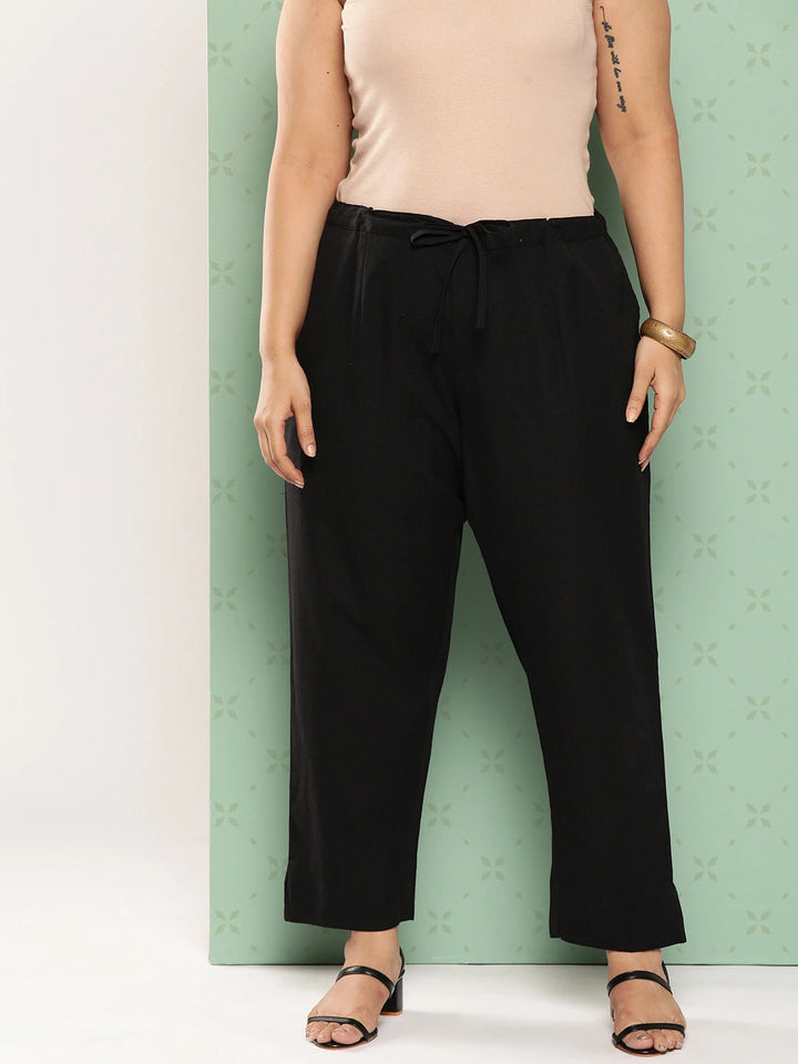 Women Plus Size Black Cotton Ethnic Trousers-Yufta Store-4206PPNTBK3XL