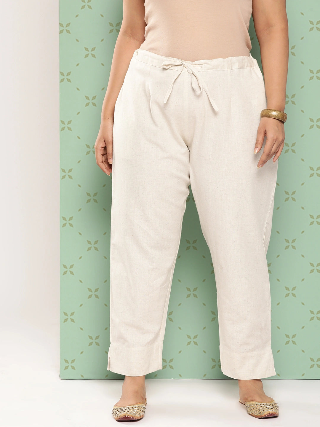 Women Plus Size Cream Pure Cotton Ethnic Trousers-Yufta Store-4206PPNTCR3XL