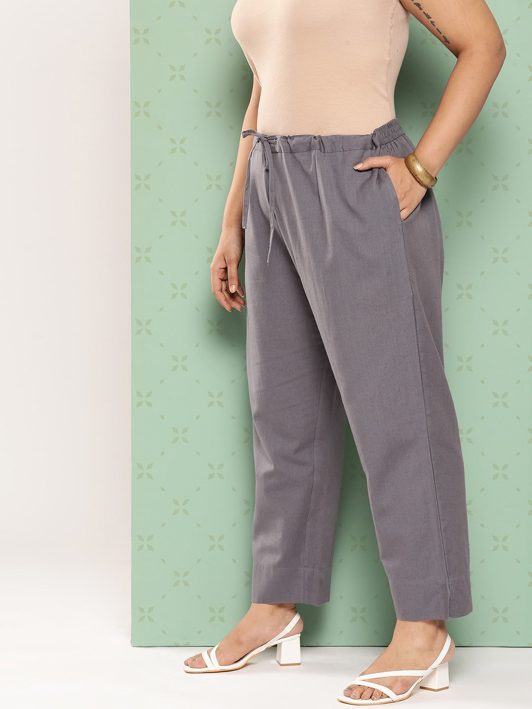 Women Plus Size Grey Cotton Ethnic Trousers-Yufta Store-4206PPNTGY3XL