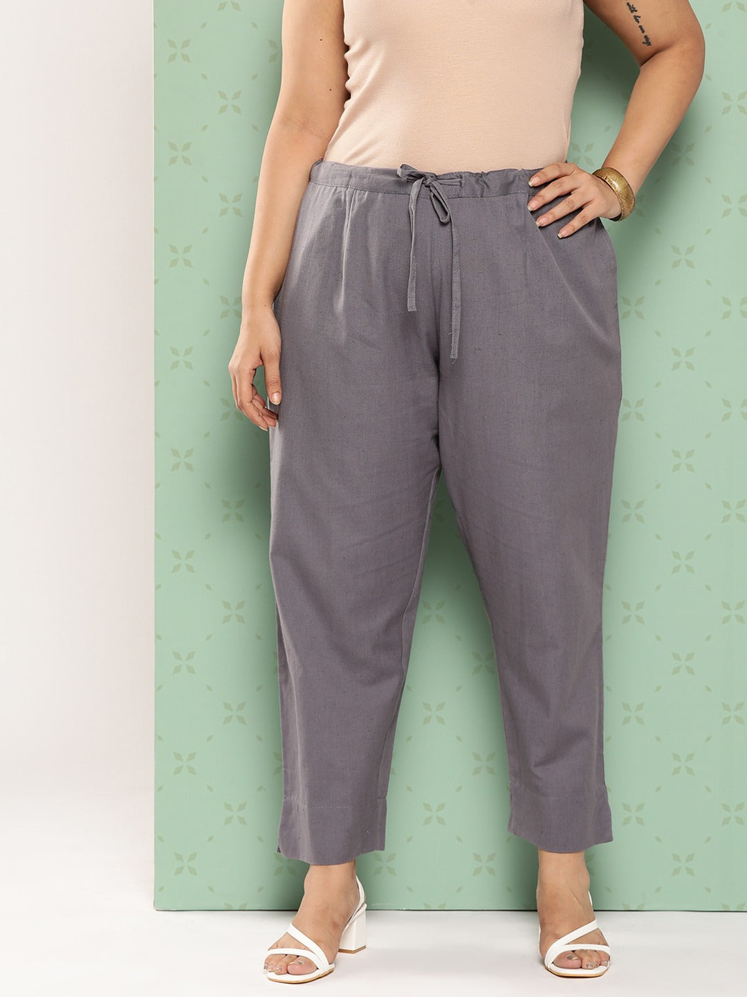 Women Plus Size Grey Cotton Ethnic Trousers-Yufta Store-4206PPNTGY3XL