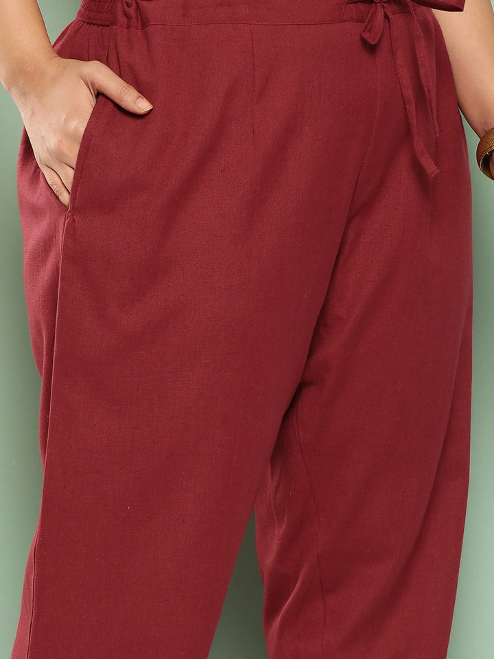 Women Plus Size Maroon Cotton Ethnic Trousers-Yufta Store-4206PPNTMR3XL