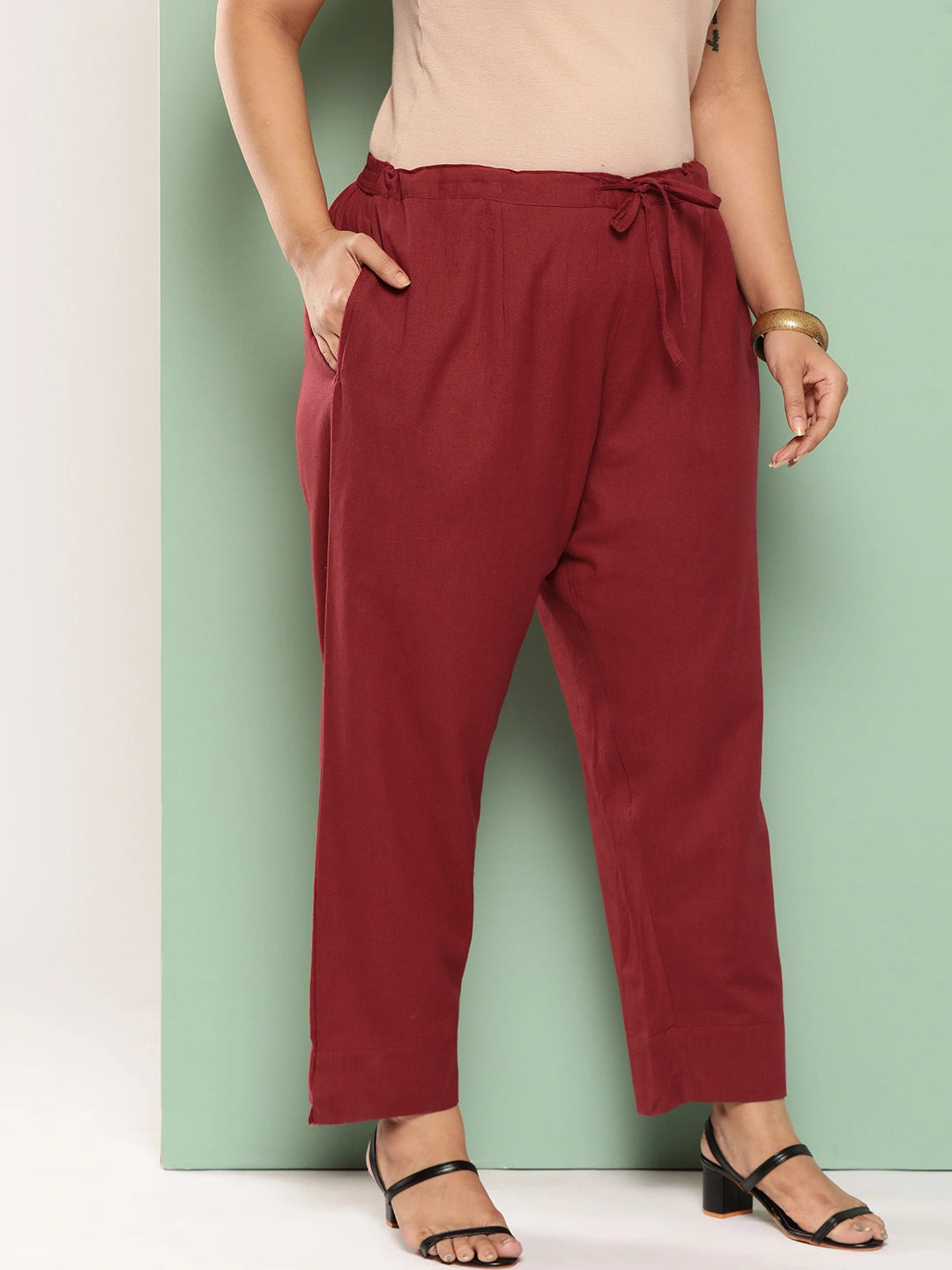 Women Plus Size Maroon Cotton Ethnic Trousers-Yufta Store-4206PPNTMR3XL
