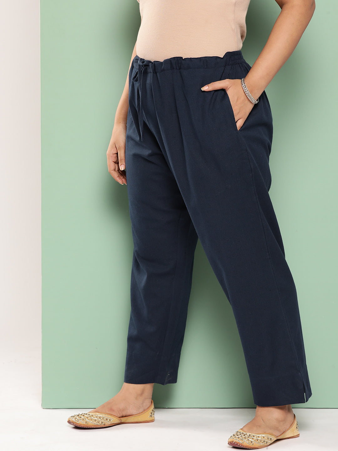 Women Plus Size Navy Blue Cotton Ethnic Trousers-Yufta Store-4206PPNTNB3XL