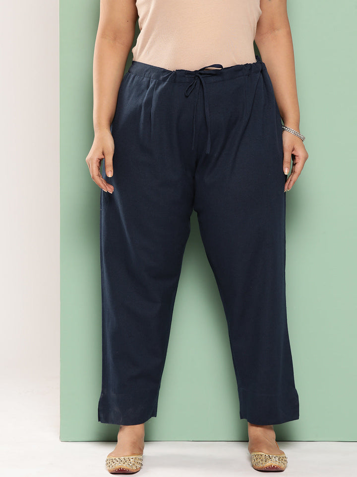 Women Plus Size Navy Blue Cotton Ethnic Trousers-Yufta Store-4206PPNTNB3XL