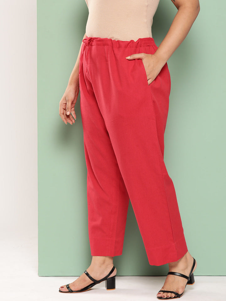 Women Plus Size Red Cotton Ethnic Trousers-Yufta Store-4206PPNTRD3XL