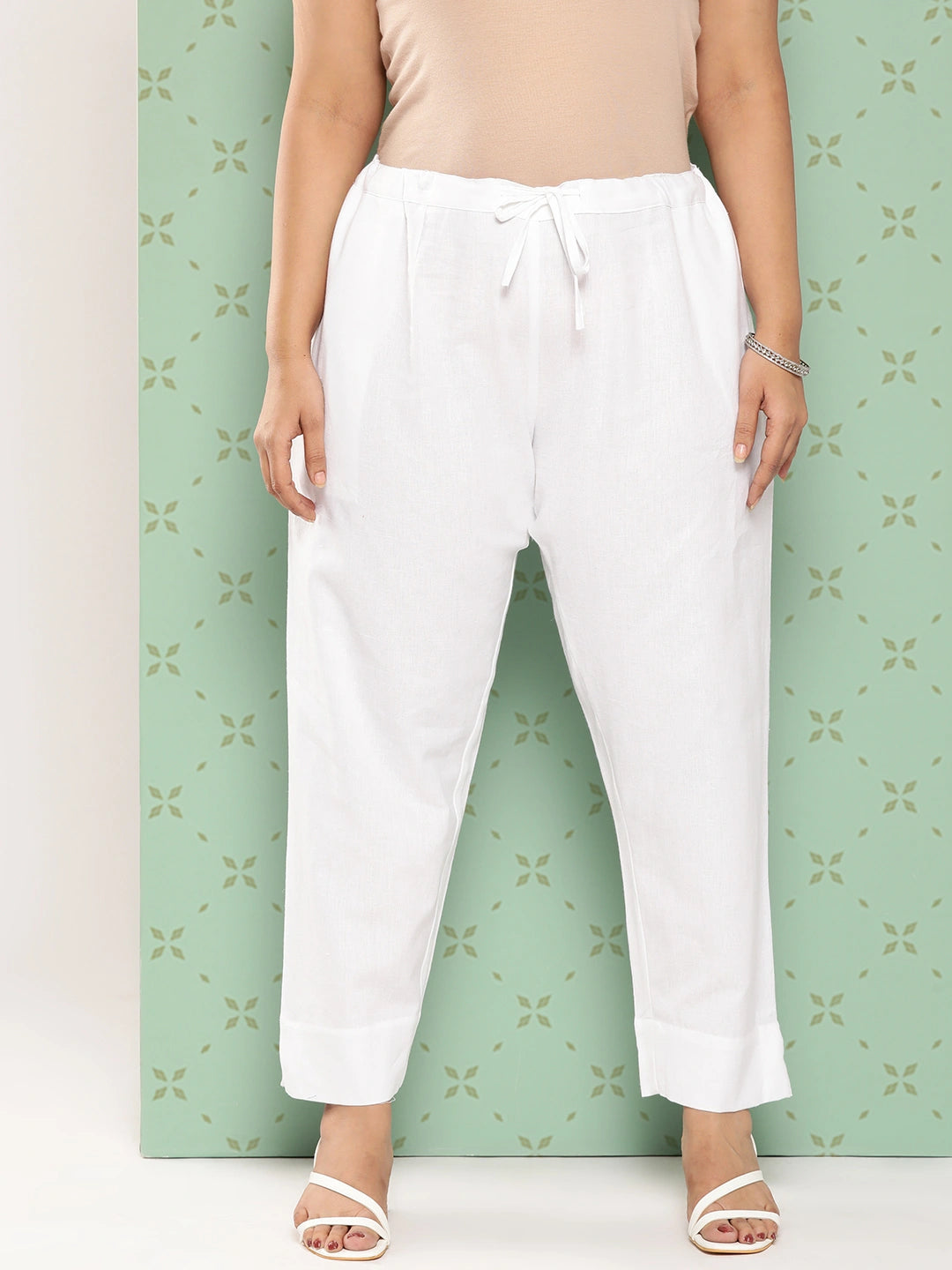 Women Plus Size White Cotton Ethnic Trousers-Yufta Store-4206PPNTWH3XL