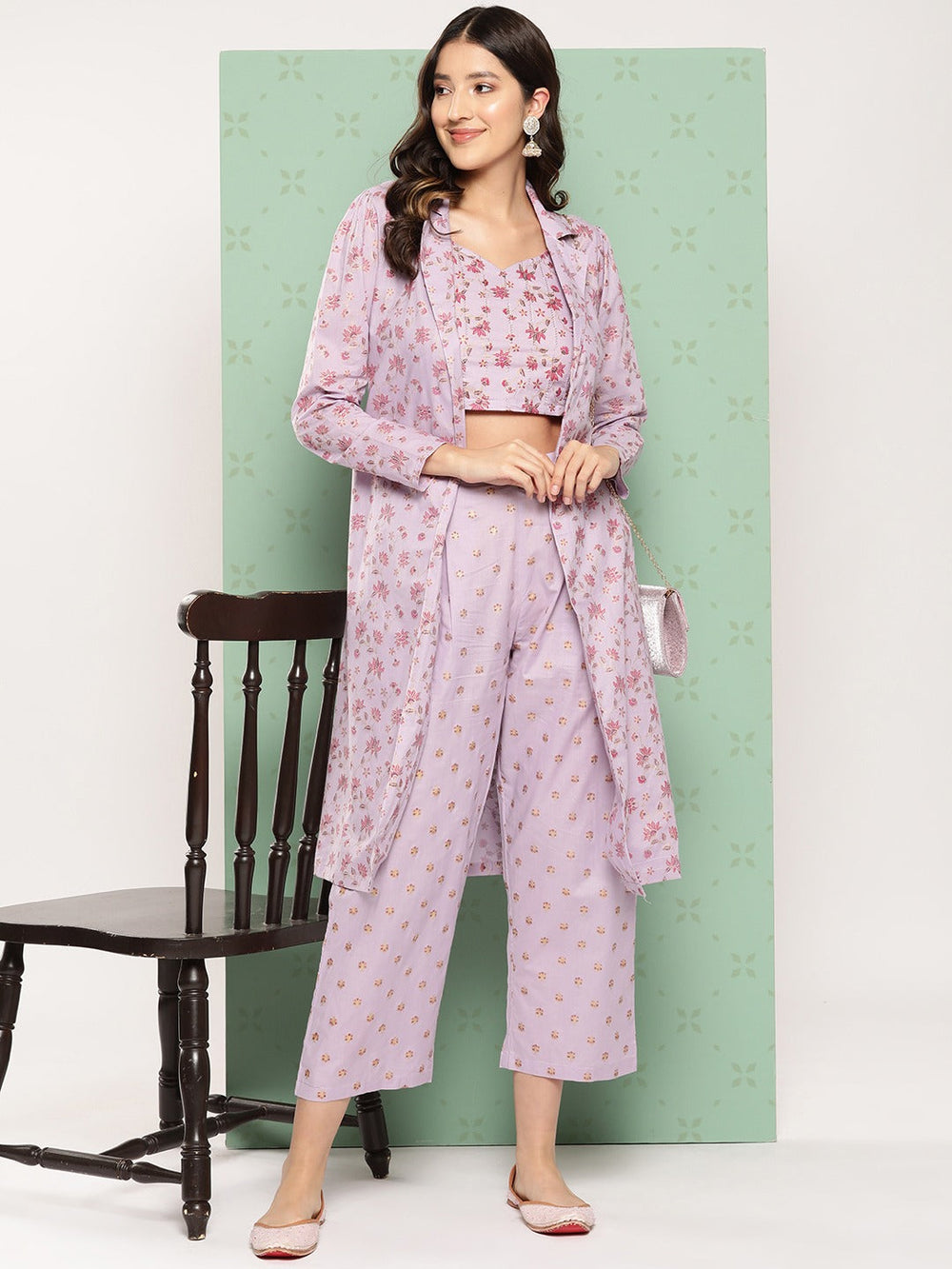 Women Printed Cotton Top with Trousers with Shrug