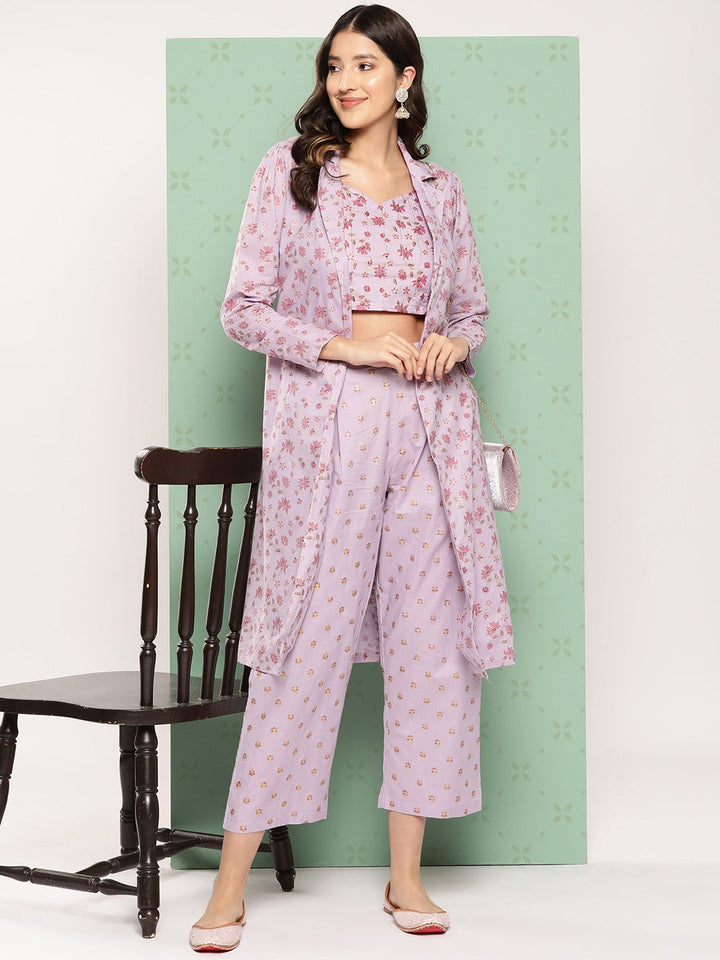 Women Printed Cotton Top with Trousers with Shrug-Yufta Store-1566CRDPRS