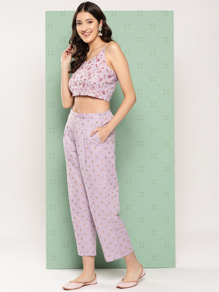 Women Printed Cotton Top with Trousers with Shrug