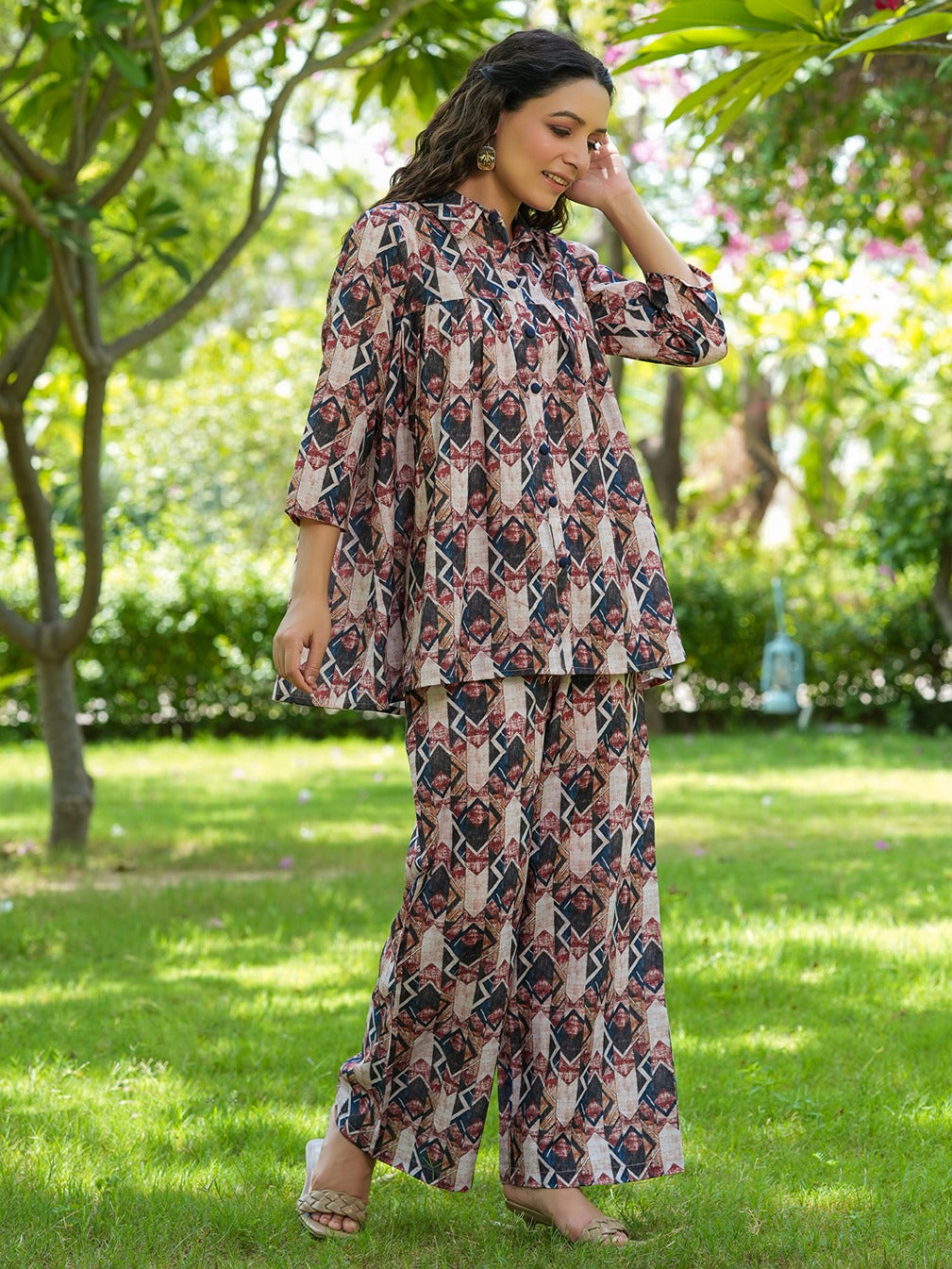 Women Printed Pure Cotton Shirt with Palazzos Co-Ords-Yufta Store-1437CRDBGS