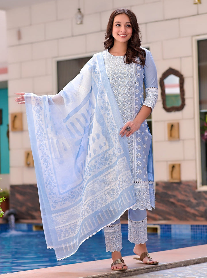 Women Sky Blue embroidery Kurta with Trousers & Dupatta-Yufta Store-2368SKDBLS