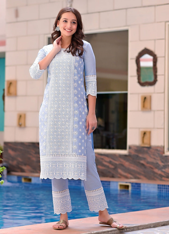 Women Sky Blue embroidery Kurta with Trousers & Dupatta-Yufta Store-2368SKDBLS