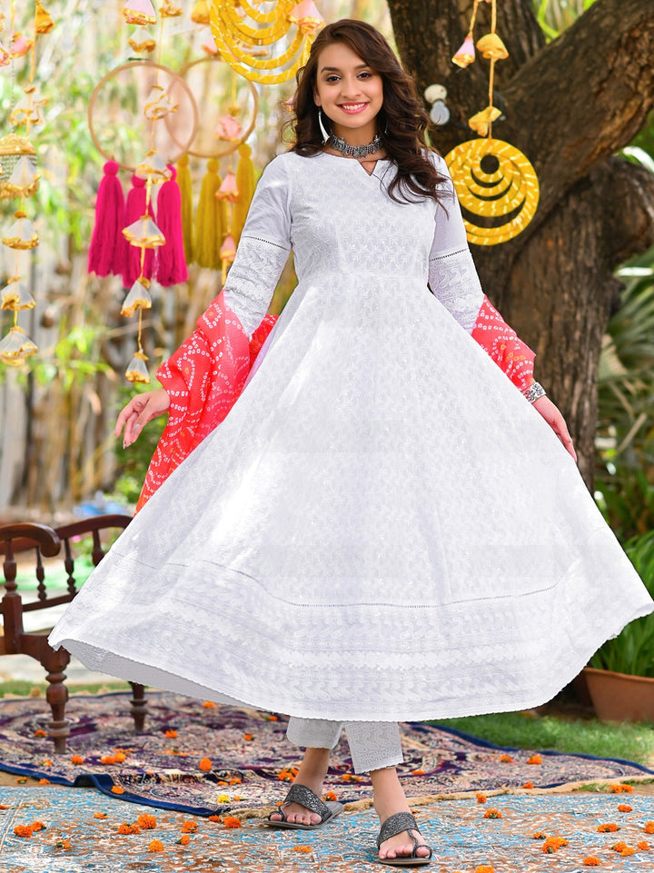 Women White embroidery Anarkali Kurta with Trousers & Dupatta-Yufta Store-2363SKDWHS