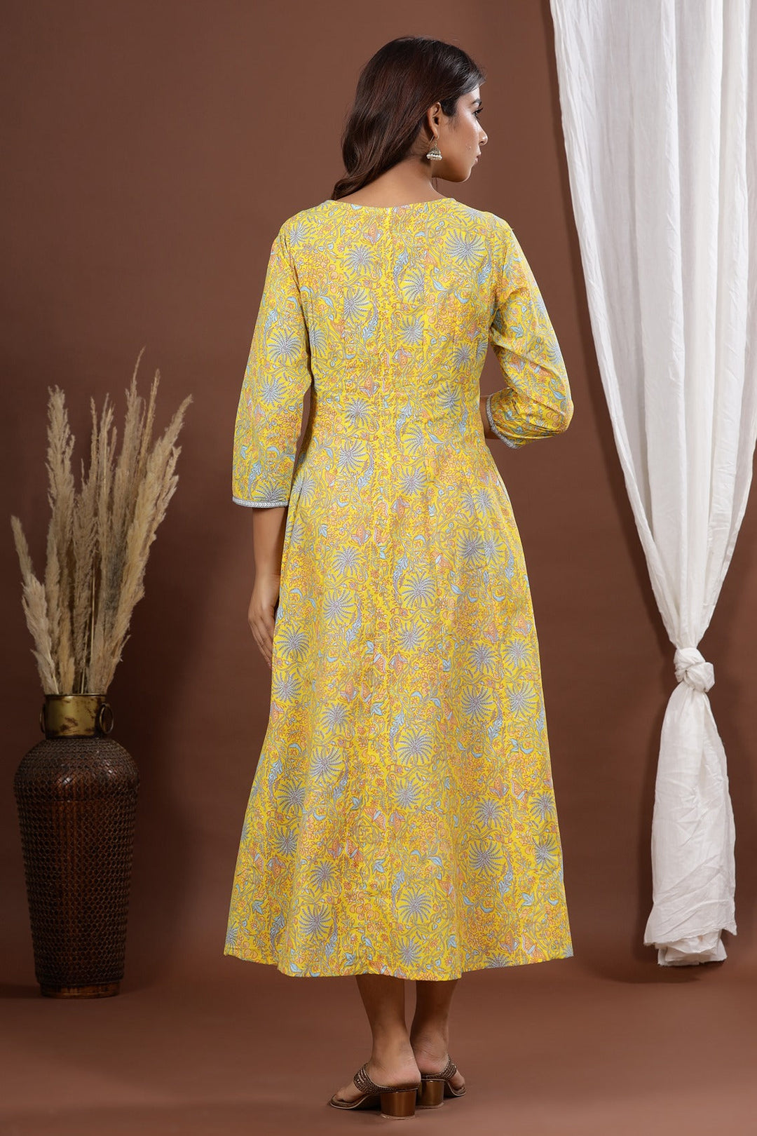 Yellow A-Line Printed Kurta-Yufta Store-7887KURYLS