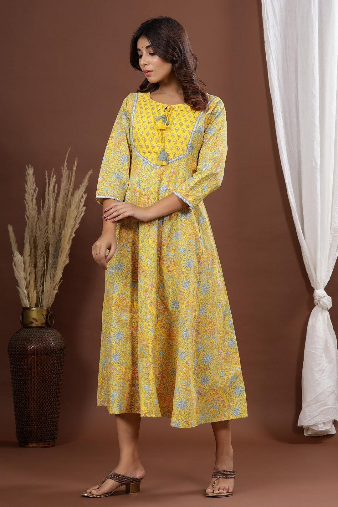 Yellow A-Line Printed Kurta-Yufta Store-7887KURYLS