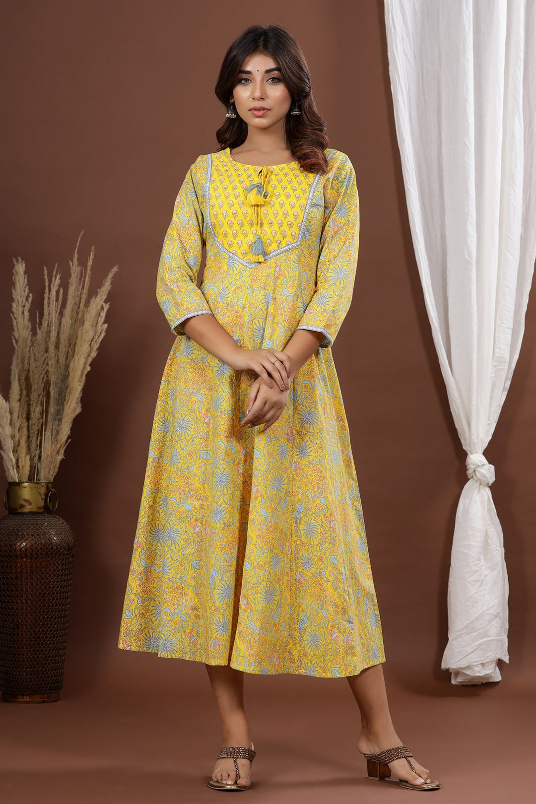 Yellow A-Line Printed Kurta-Yufta Store-7887KURYLS