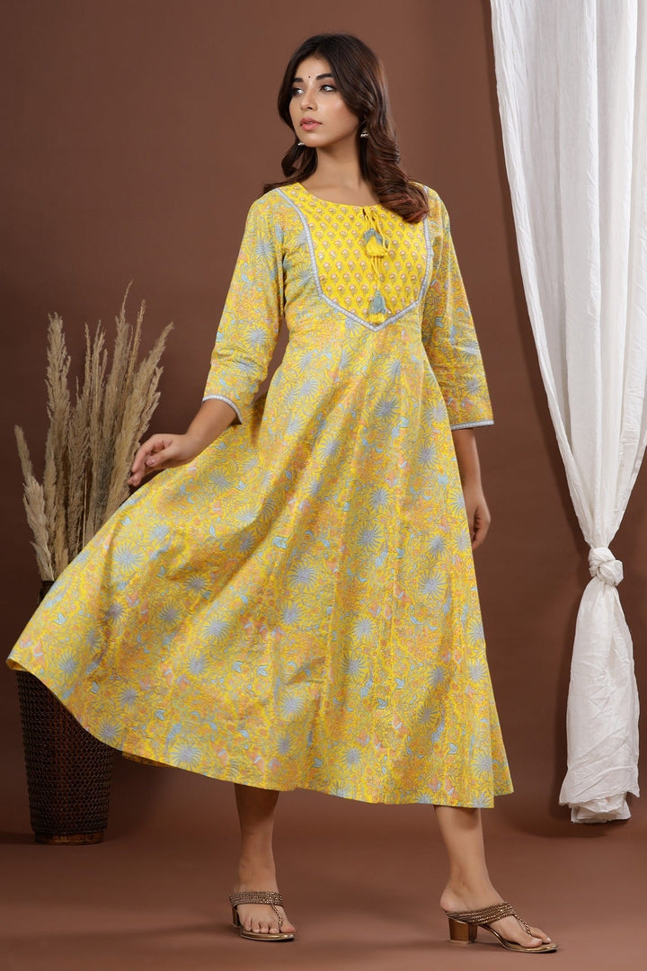 Yellow A-Line Printed Kurta-Yufta Store-7887KURYLS