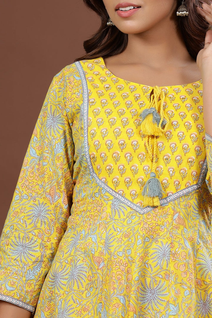 Yellow A-Line Printed Kurta-Yufta Store-7887KURYLS