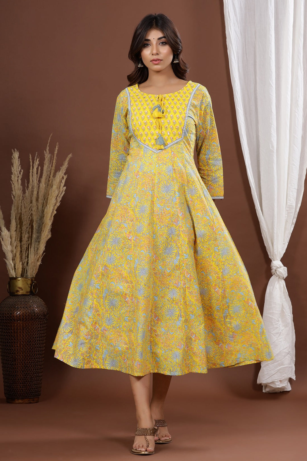 Yellow A-Line Printed Kurta-Yufta Store-7887KURYLS