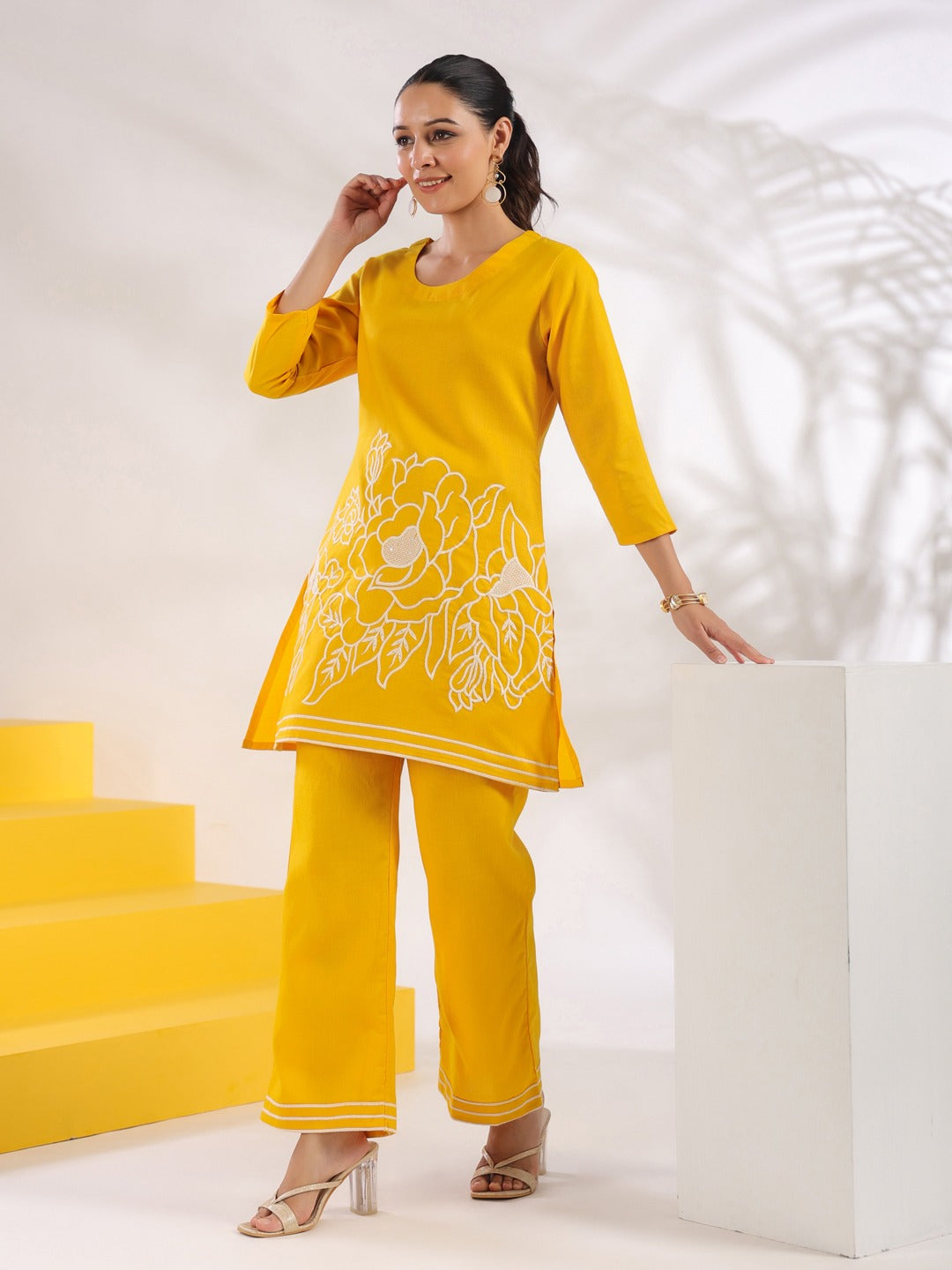 Yellow A-line Embroidered Co-ord set-Yufta Store-1626CRDYLS