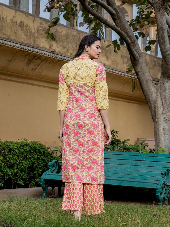 Yellow And Pink Floral Print,Thread_Work Pakistani Style Kurta Trouser And Dupatta Set-Yufta Store-1994SKDYLS