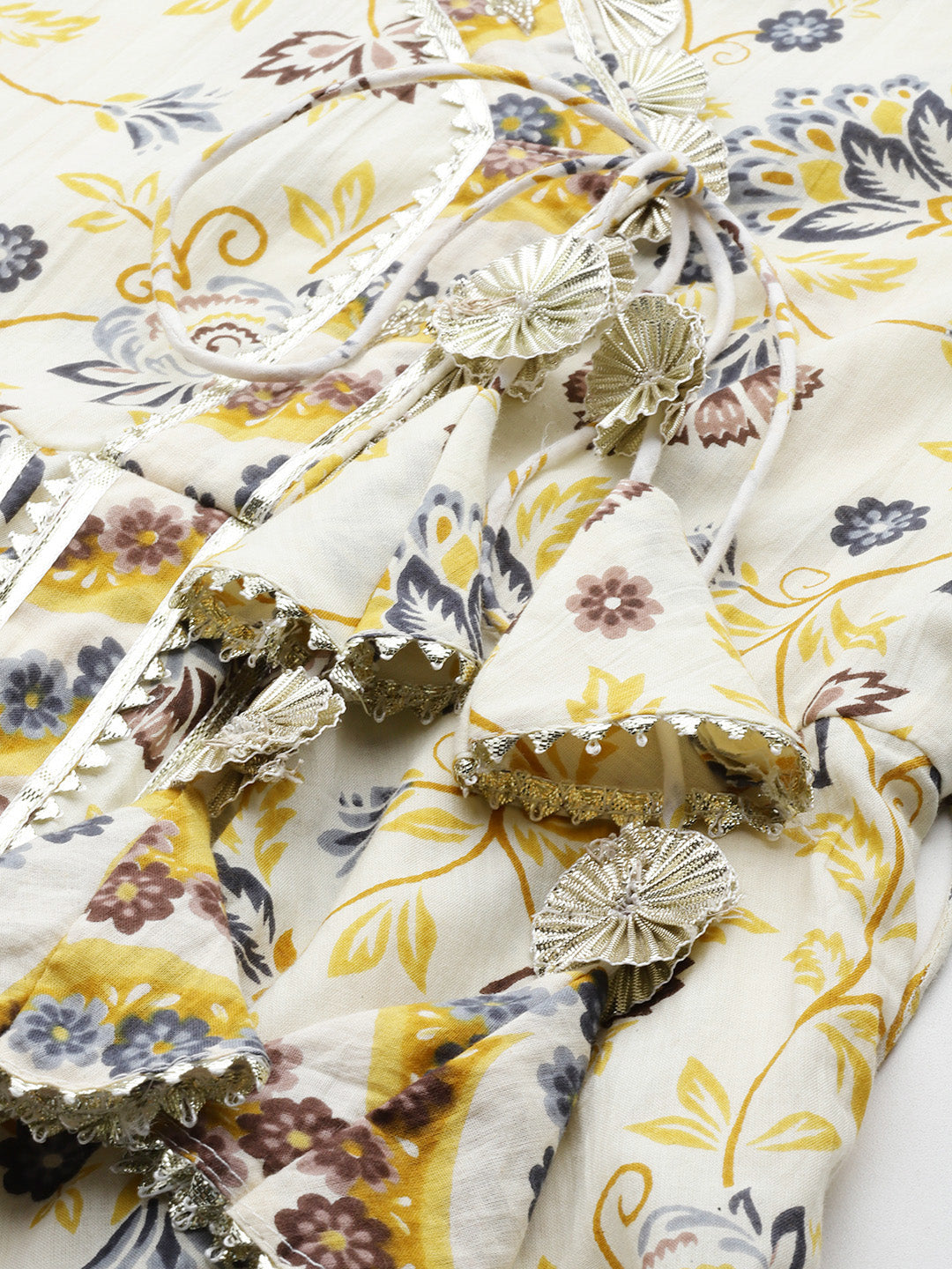 Yellow And White Printed Angrakha Gotta Patti Pure Cotton Kurta with Trousers & With Dupatta-Yufta Store-1352SKDWHS