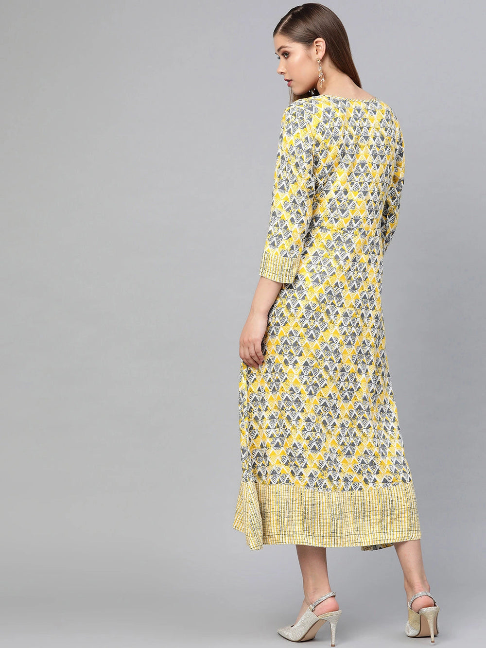 Yellow & Beige Printed Dress-Yufta Store-1670BDRSBGS
