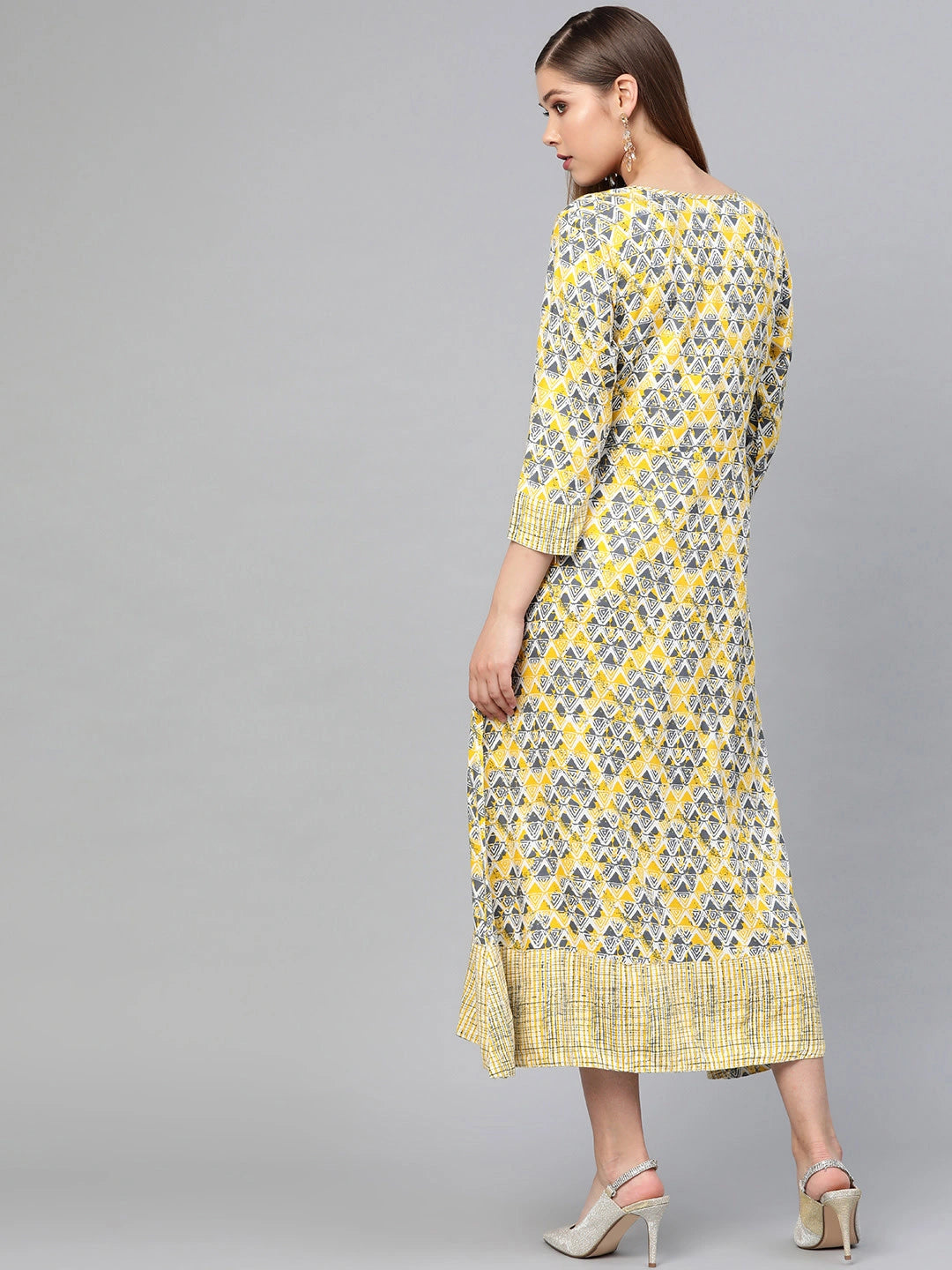 Yellow & Beige Printed Dress-Yufta Store-1670BDRSBGS