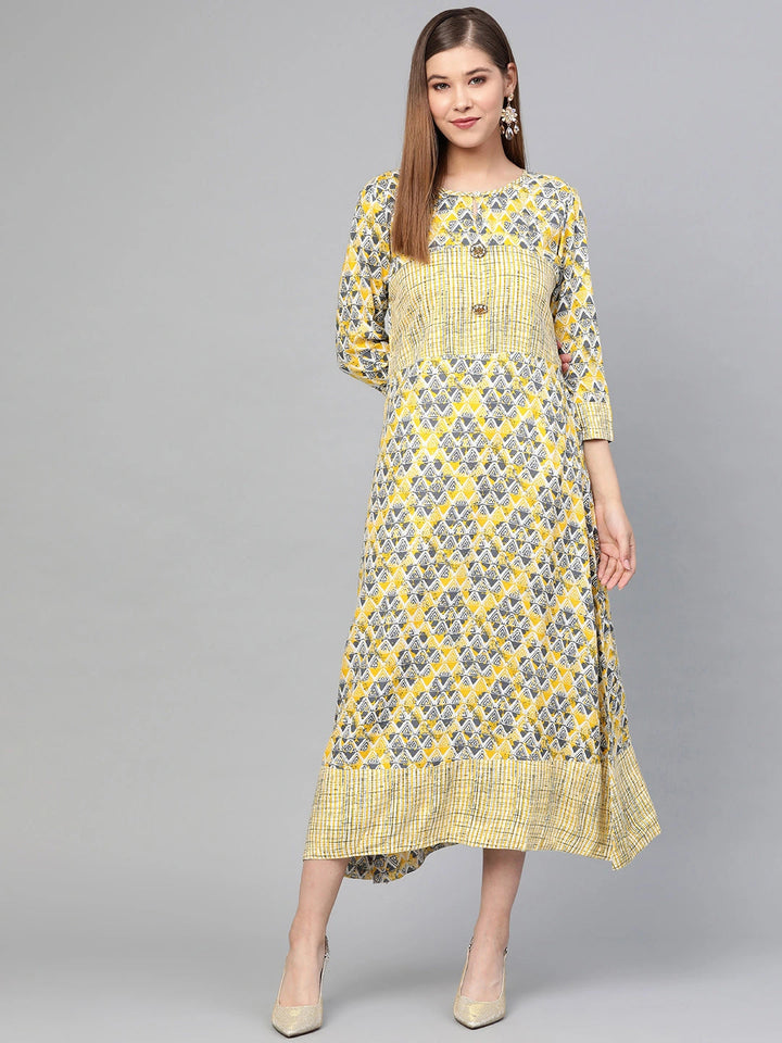 Yellow & Beige Printed Dress-Yufta Store-1670BDRSBGS