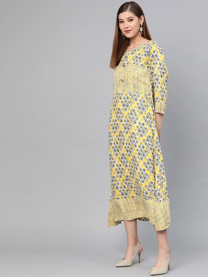 Yellow & Beige Printed Dress-Yufta Store-1670BDRSBGS