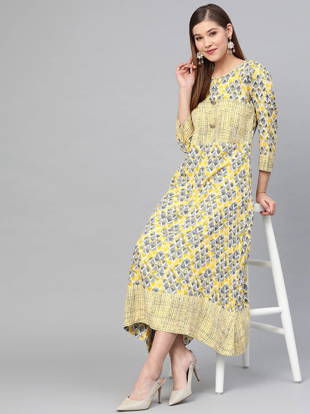 Yellow & Beige Printed Dress-Yufta Store-1670BDRSBGS