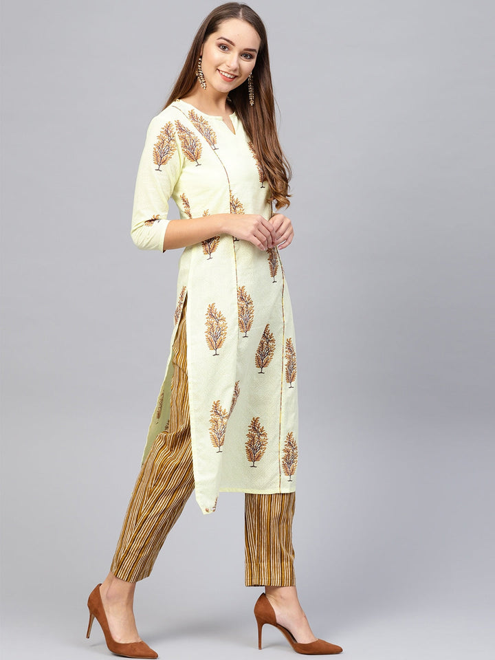 Yellow & Brown Printed Kurta Set-Yufta Store-708SETYLS