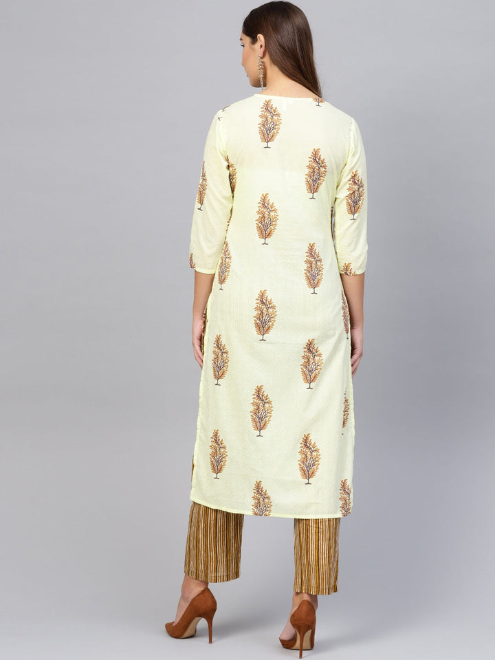 Yellow & Brown Printed Kurta Set-Yufta Store-708SETYLS